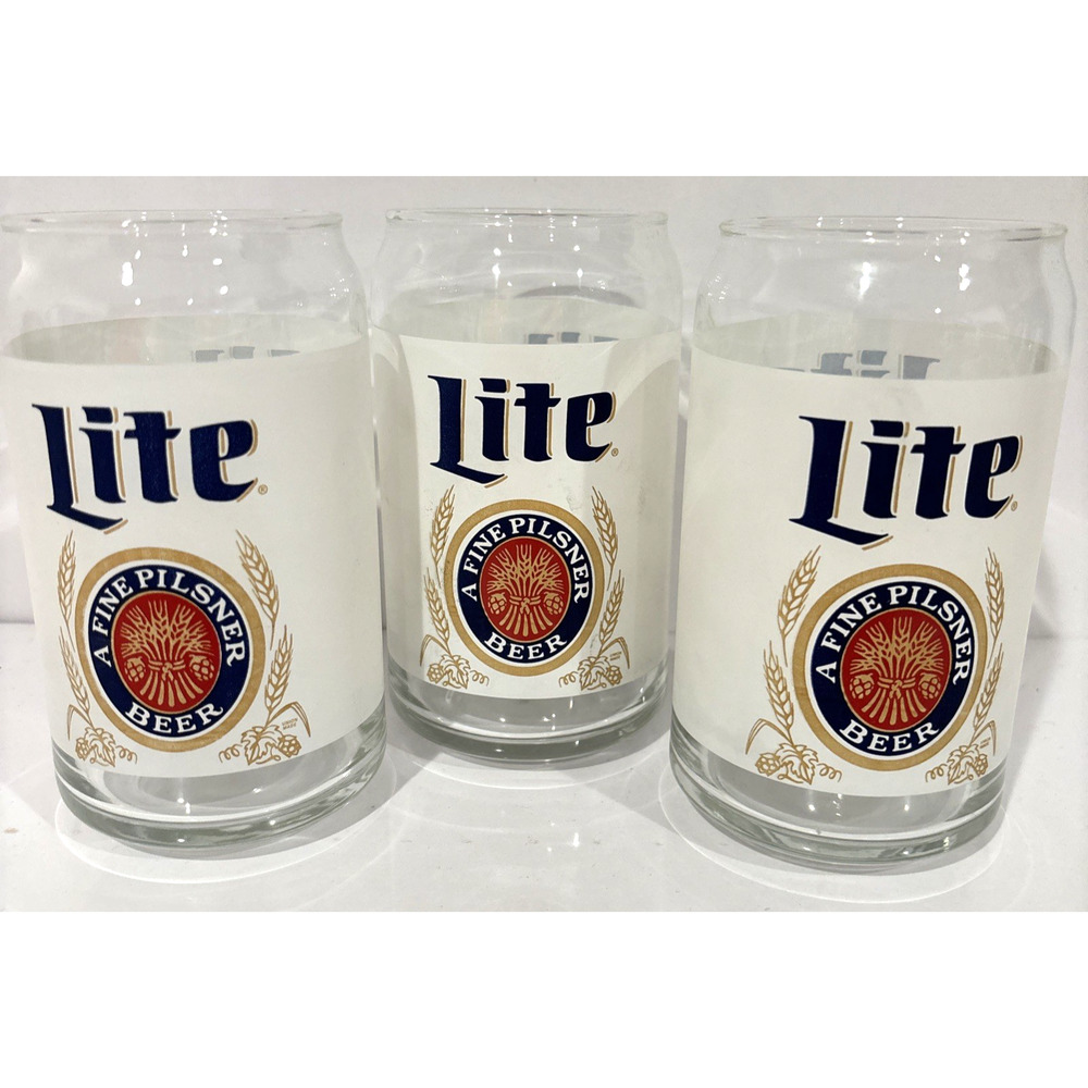 Vintage Miller Lite 16oz Can Shaped Beer Glasses Set of 3 Barware Man Cave Pint